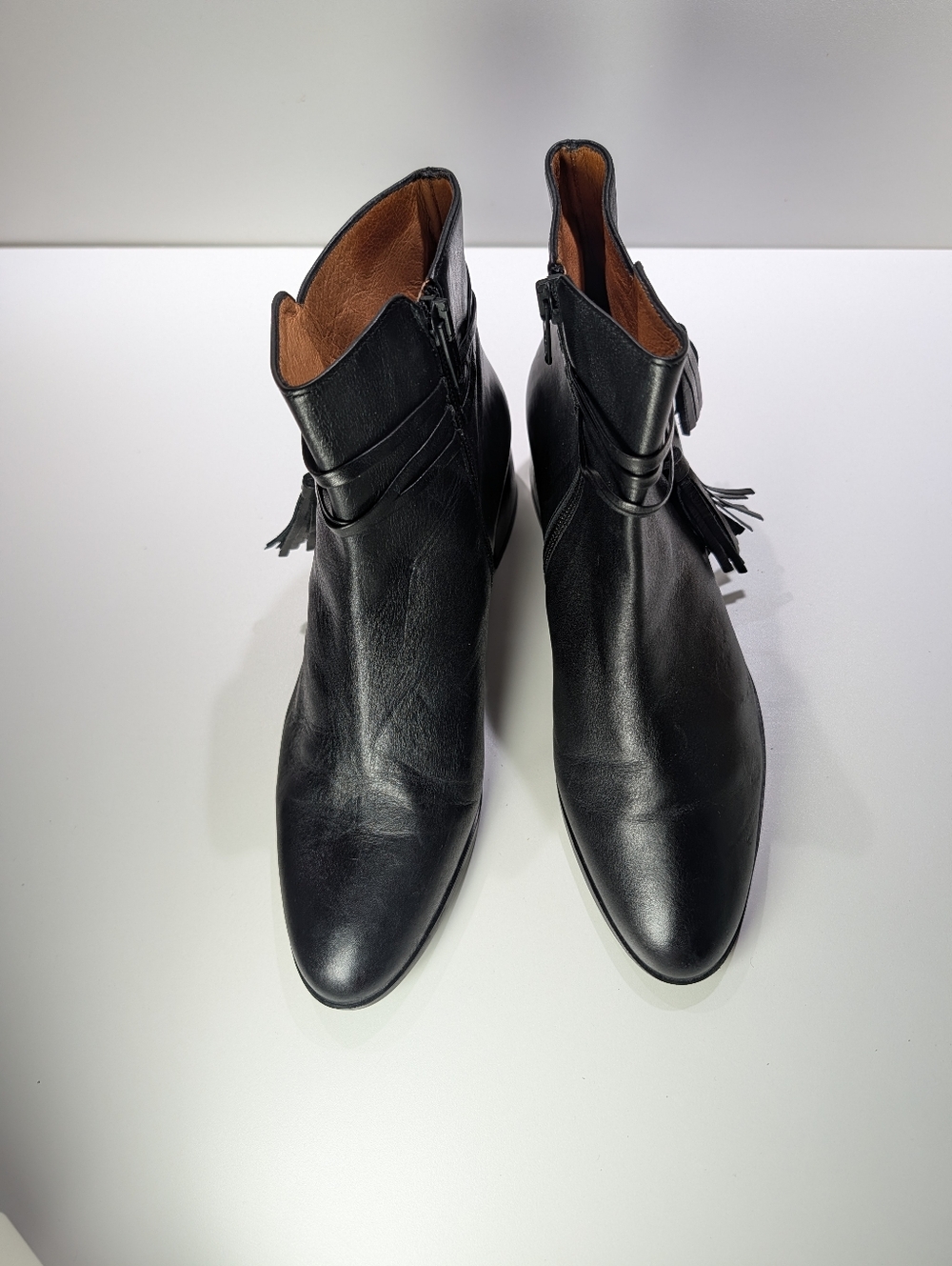 Black Leather Tassel Ankle Booties - Sleek Women's Booties - Picture 4 of 6